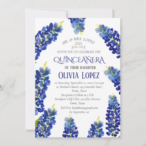 Modern Bluebonnets Quinceaera Floral 15 Birthday  Invitation