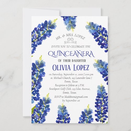 Modern Bluebonnets Quinceaera Floral Birthday  Invitation