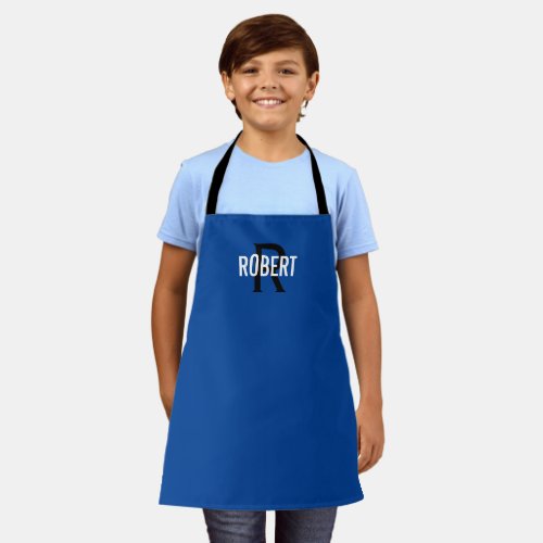 Modern bluel black monogram boy name apron