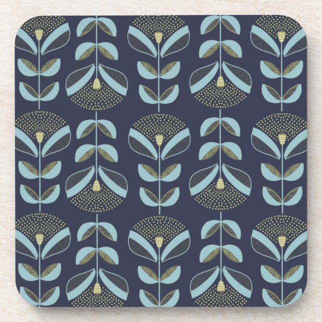 Modern Blues Golds Floral Pattern  Beverage Coaster (Front)