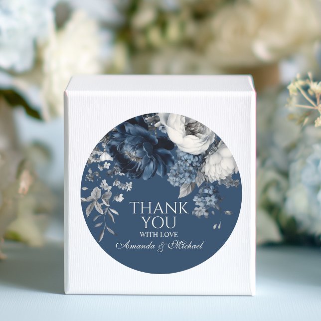 Modern Blues & Gray Floral Wedding Classic Round Sticker (Modern Blues & Gray Floral Wedding Classic Round Sticker)