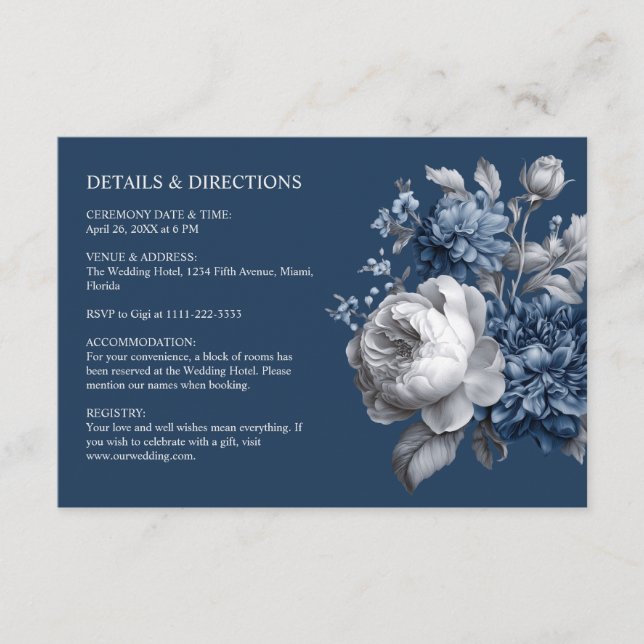 Modern Blues & Gray Floral Wedding  Enclosure Card (Front)
