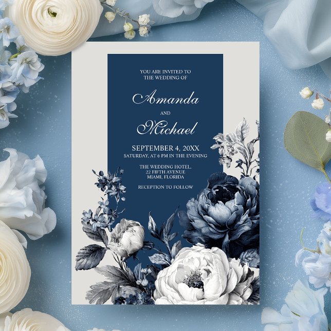 Modern Blues & Gray Floral Wedding Invitation (Modern Blues & Gray Floral Wedding Invitation)