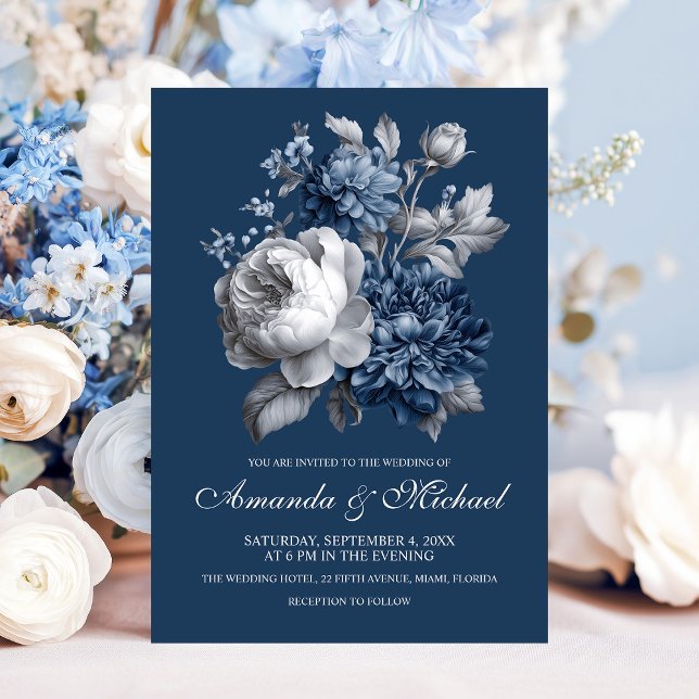 Modern Blues & Gray Floral Wedding Invitation (Modern Blues & Gray Floral Wedding Invitation)