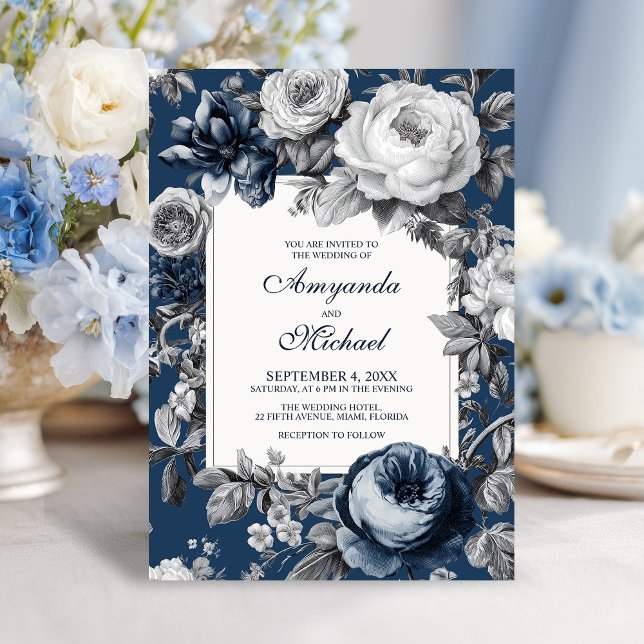 Modern Blues & Gray Floral Wedding Invitation (Modern Blues & Gray Floral Wedding Invitation)