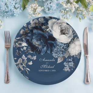 Modern Blues & Gray Floral Wedding Paper Plates