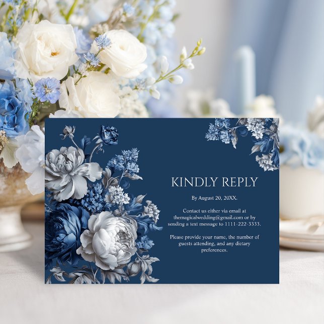 Modern Blues & Gray Floral Wedding RSVP Card (Modern Blues & Gray Floral Wedding RSVP Card)