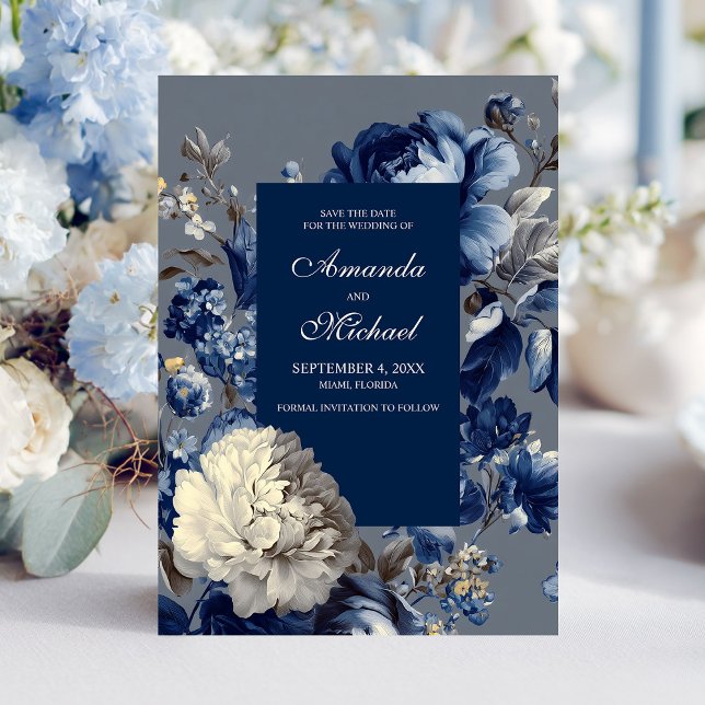 Modern Blues & Gray Floral Wedding Save The Date (Modern Blues & Gray Floral Wedding Save The Date)