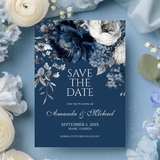 Modern Blues & Gray Floral Wedding Save The Date
