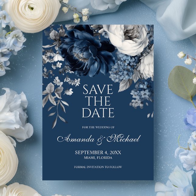 Modern Blues & Gray Floral Wedding Save The Date (Modern Blues & Gray Floral Wedding Save The Date)
