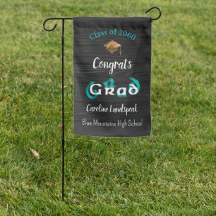 Modern Blurry Teal Blue Typo 2025 Graduation Party Garden Flag