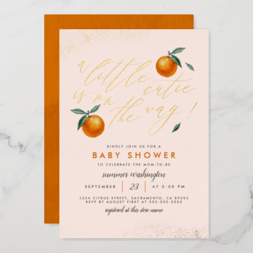 Modern Blush A Little Cutie Orange Baby Shower Foil Invitation