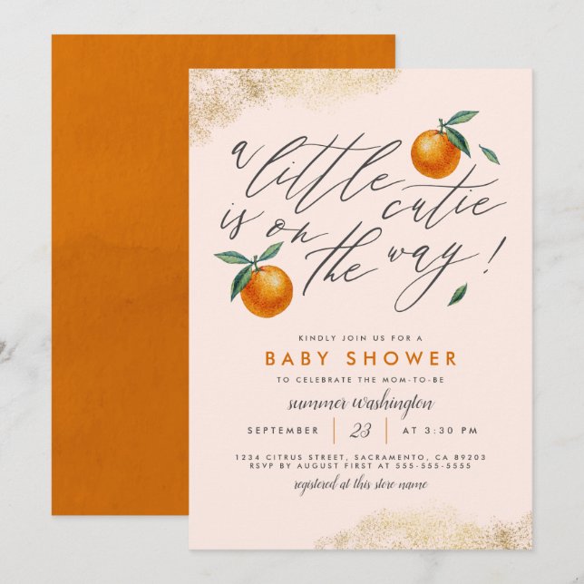 Modern Blush A Little Cutie Orange Baby Shower Invitation (Front/Back)