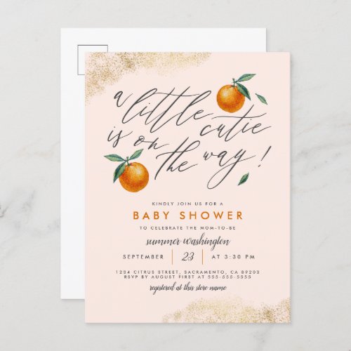 Modern Blush A Little Cutie Orange Baby Shower Invitation Postcard