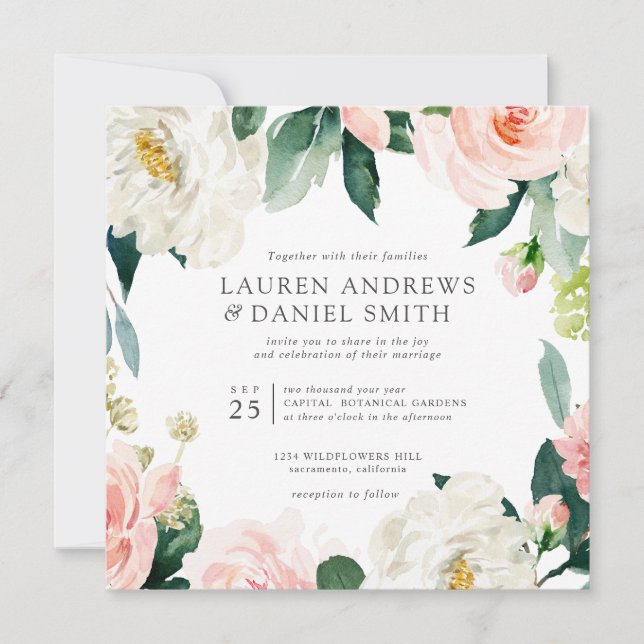 Modern Blush | All in one  Pink  Botanical wedding Invitation (Front)
