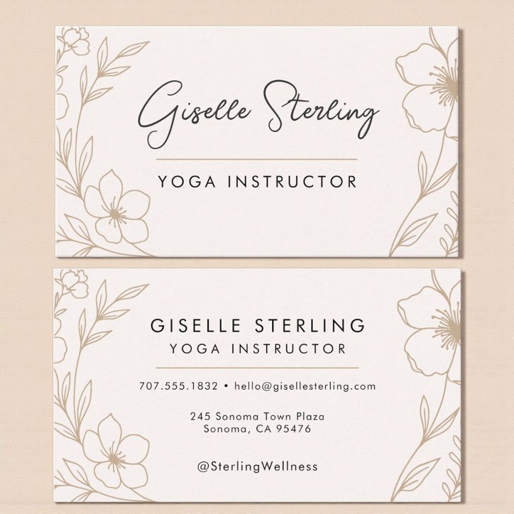 Modern Blush And Black Botanical Yoga Teacher Business Card
