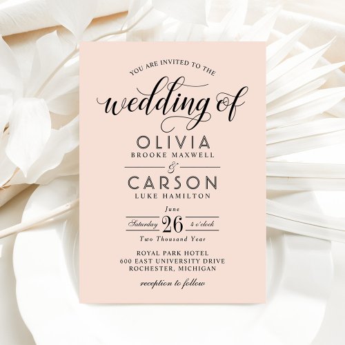 Modern Blush and Black Script Wedding Invitation