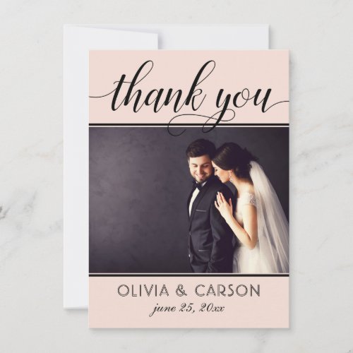 Modern Blush and Black Script Wedding Photo Thank You Card