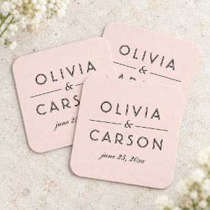 Modern Blush and Black Wedding Monogram Square Paper Coaster