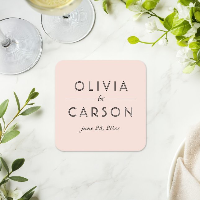 Modern Blush and Black Wedding Monogram Square Paper Coaster (Creator Uploaded)