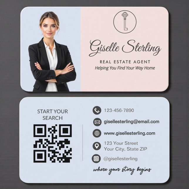 Modern Blush and Blue Real Estate Agent Business Card (Creator Uploaded)