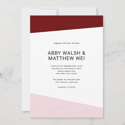 Modern Blush and Burgundy Color Block Wedding Invitation