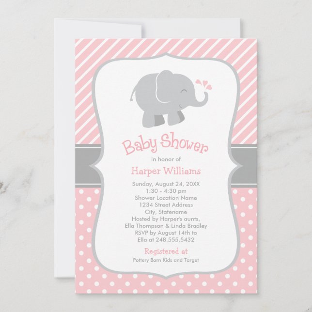 Modern Blush and Gray Elephant Girl Baby Shower Invitation (Front)