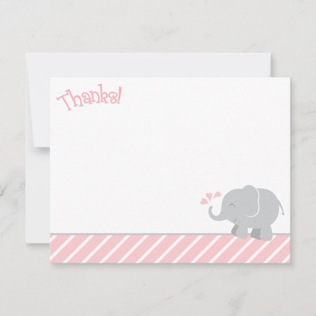 Modern Blush and Gray Elephant Girl Baby Shower Thank You Card (Front)