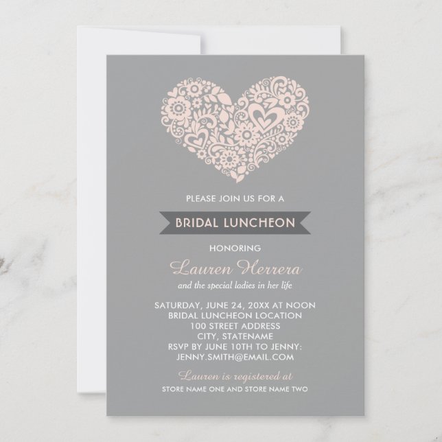 Modern Blush and Gray Floral Heart Bridal Luncheon Invitation (Front)