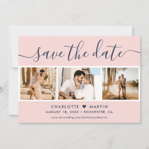 Modern Blush and Navy Blue Wedding 4 Photo Save The Date