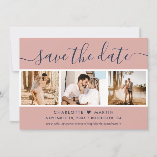Modern Blush and Navy Blue Wedding 4 Photo Save The Date