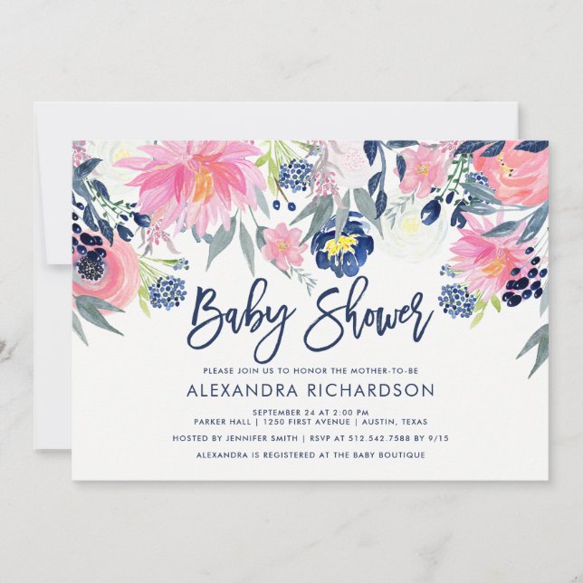 Modern Blush and Navy Floral Baby Shower Invitation (Front)