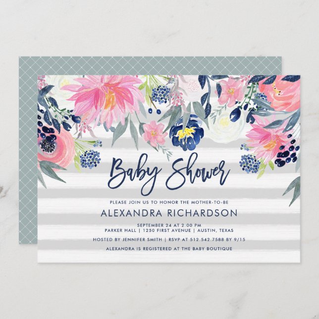Modern Blush and Navy Floral Baby Shower Invitation (Front/Back)