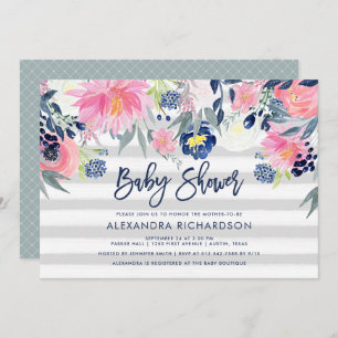Modern Blush and Navy Floral Baby Shower Invitation
