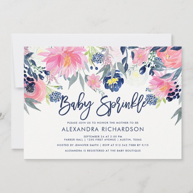 Modern Blush and Navy Floral Baby Sprinkle Invitation (Front)