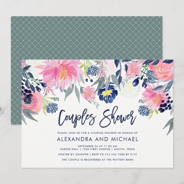 Modern Blush and Navy Floral Couples Shower Invitation (Front/Back)