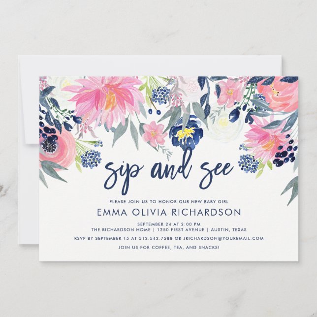 Modern Blush and Navy Floral Sip and See Invitation (Front)