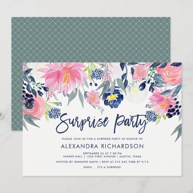 Modern Blush and Navy Floral Surprise Party Invitation (Front/Back)