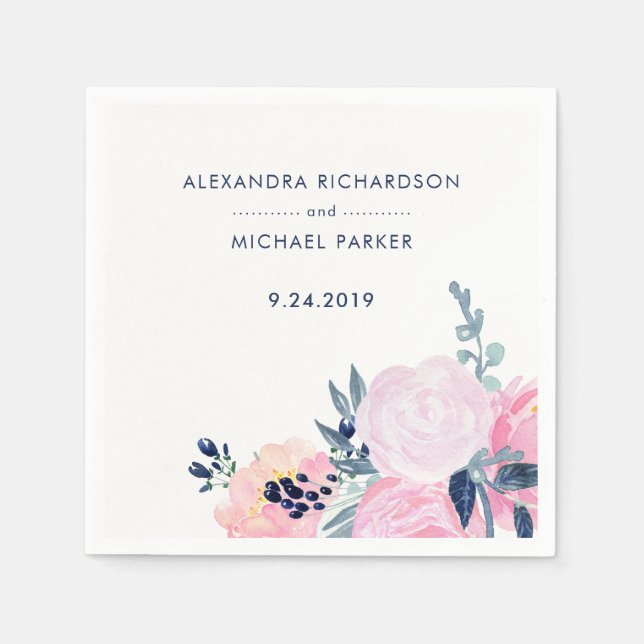 Modern Blush and Navy Floral Wedding Paper Napkins (Front)