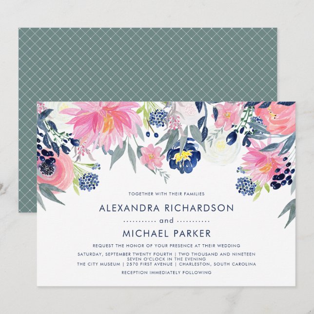 Modern Blush and Navy Floral Wedding | Version Two Invitation (Front/Back)