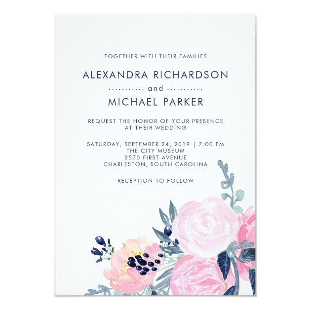 Modern Blush And Navy Floral Wedding | Vertical Invitation