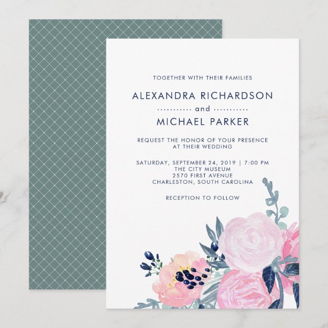 Modern Blush and Navy Floral Wedding | Vertical Invitation (Front/Back)