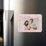 Modern Blush and Red Script Valentine's Day Photo Magnet<br><div class="desc">Modern Valentine's day magnet featuring "Happy Valentine's Day" in a trendy red script with hand-drawn hearts along the sides of the design on a blush pink background. Your horizontal photo is displayed near the middle of the design. Personalize the Valentine's Day photo magnet by adding your name and the year...</div>