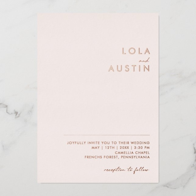 Modern | Blush And Rose Gold Casual Wedding Real Foil Invitation (Front)