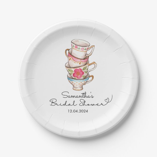 Modern Blush and White Tea Party Bridal Shower Paper Plates (Front)
