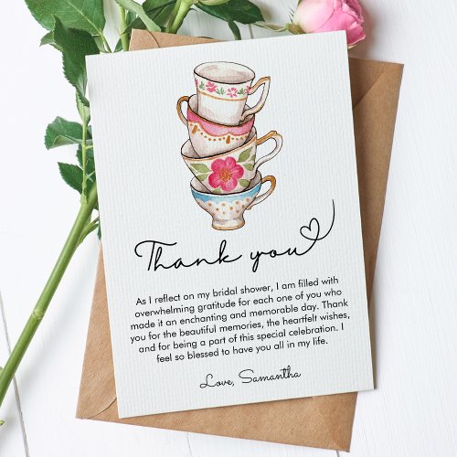 Modern Blush and White Tea Party Bridal Shower  Thank You Card