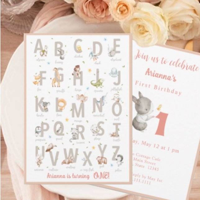 Modern Blush Animal Alphabet ABC First Birthday  Invitation (Creator Uploaded)
