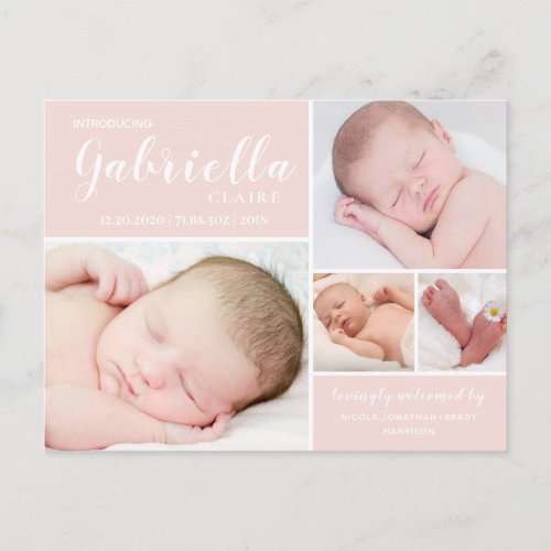 Modern Blush Baby Girl Birth Announcement Postcard