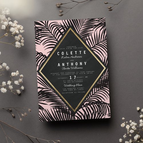 Modern Blush Black Tropical Palm Frond Wedding Invitation