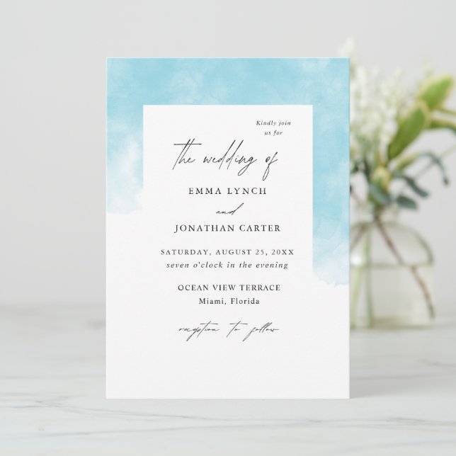 Modern Blush Blue Watercolor Wedding Invitation (Standing Front)